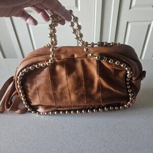 Unique Stylish Elegant - Tan soft Leather Bag with Golden Brass Bead handles